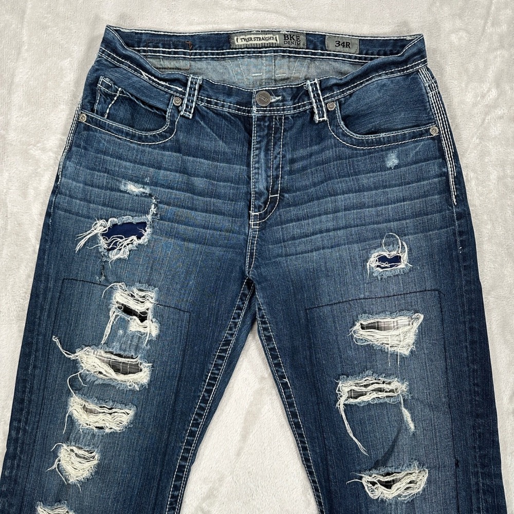 BKE Denim Tyler Straight Jeans Mens 34R Distressed Ripped Blue Wash